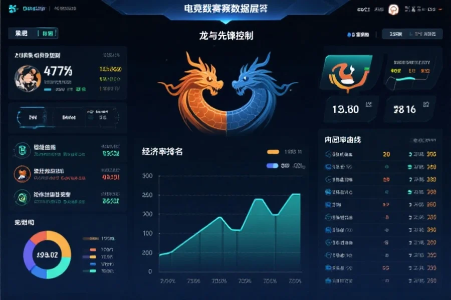 电竞赛事数据面板，显示龙与先锋控制、经济曲线与参团率排名，界面风格简洁专业